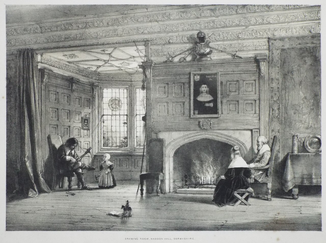 Lithograph - Drawing Room, Haddon Hall, Derbyshire - Nash